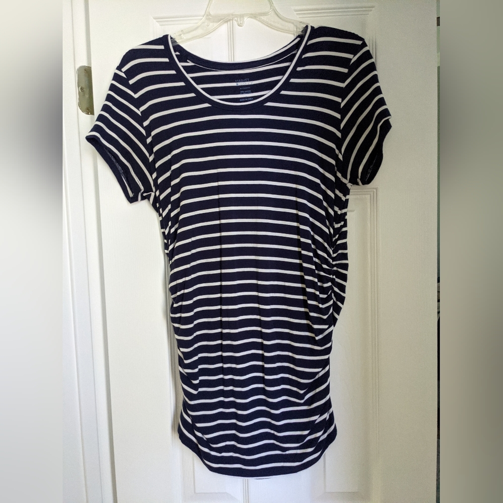 Market & Spruce Sollas long striped maternity shirt